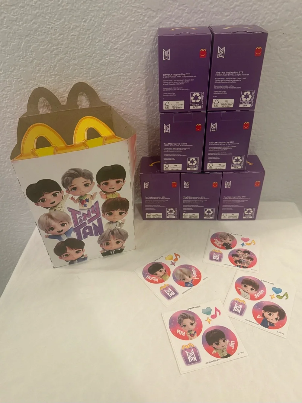 BTS McDonaldâs TinyTAN Figurine Set + Happy Meal Box, Stickers & FREE Tote Bag - Picture 1 of 12